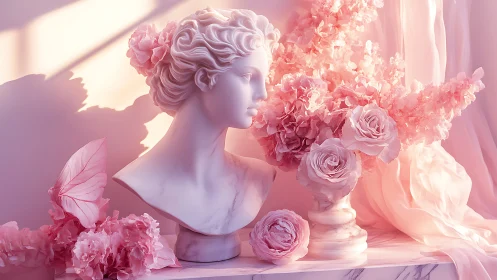 Marble bust with diffuse pink floral field and soft radiance.