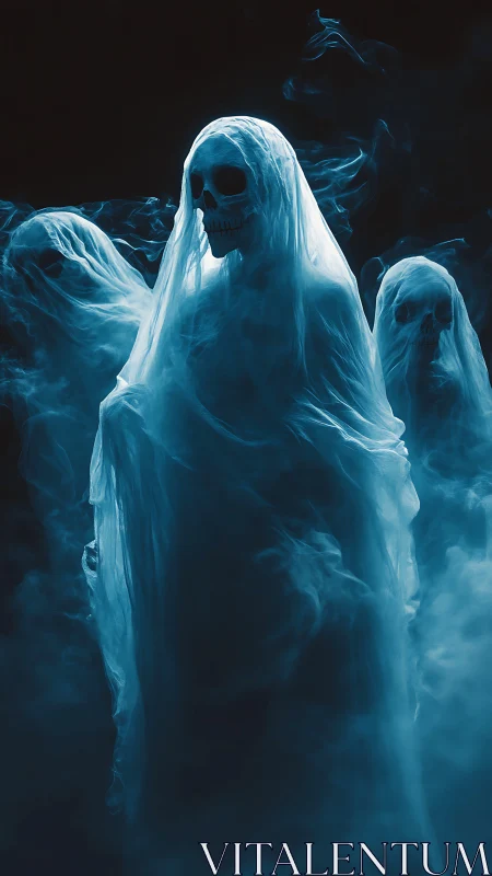 Shrouded skeletal ghosts emerge from swirling blue mist.