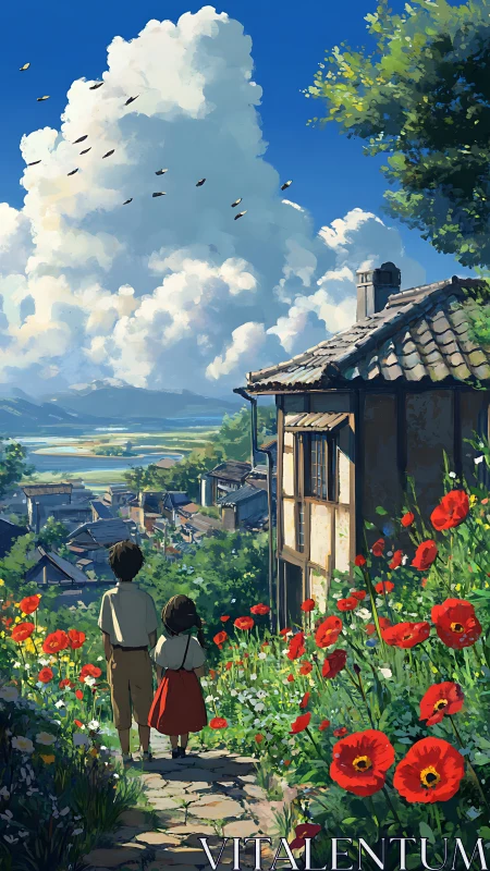 Children on stone path overlooking valley town and cumulus sky