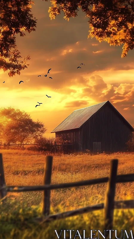 Digital painting of rustic barn in golden hour landscape scene.