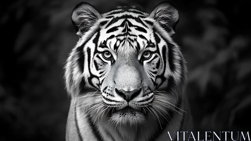 Black and white close up portrait of a staring tiger.