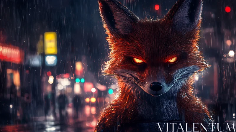 Vivid cyberpunk fox with glowing eyes in neon night rain.