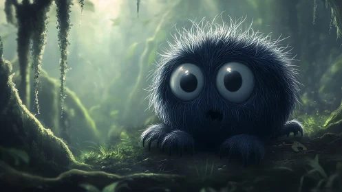 Fluffy blue forest creature gazes wide-eyed through mist
