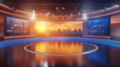 Warm city skyline studio glowing with evening light.