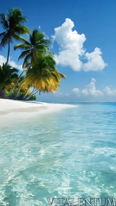 Tropical Beach with Palm Trees and Clear Shallow Water.