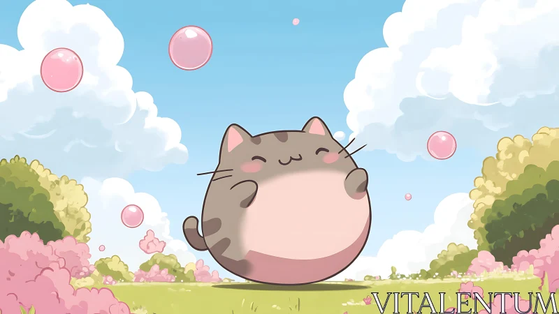 Chubby cartoon cat bounces joyfully among pink bubbles outside