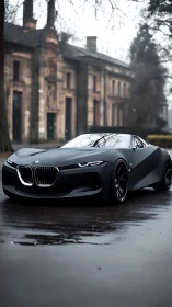 Sleek black BMW supercar outside misty historic mansion.