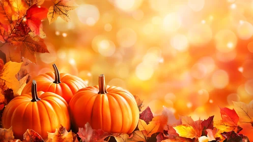 Autumn harvest still life with pumpkins and bokeh backdrop.