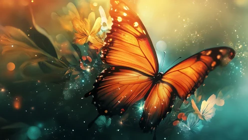 Orange butterfly in stylized floral and light-filled environment.