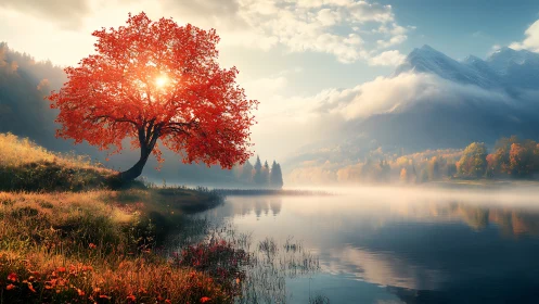 Gentle sunrise through a fiery red tree by calm lake.