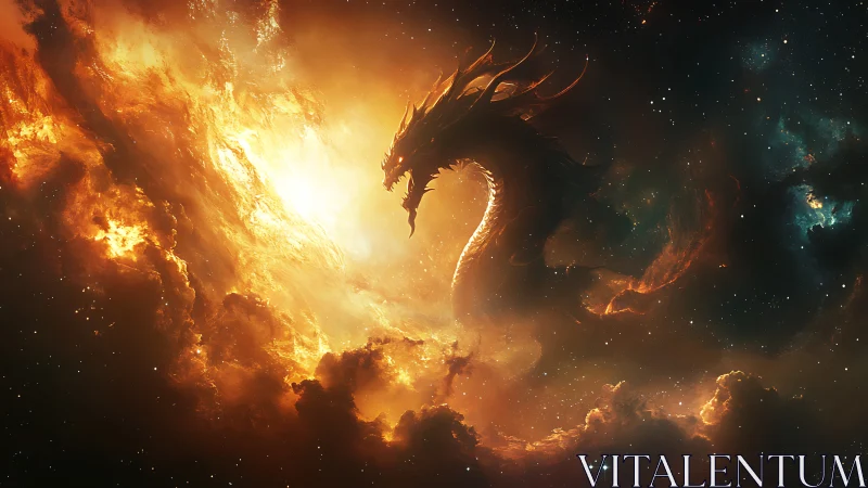 Cosmic fire dragon emerging from glowing nebula cloud.