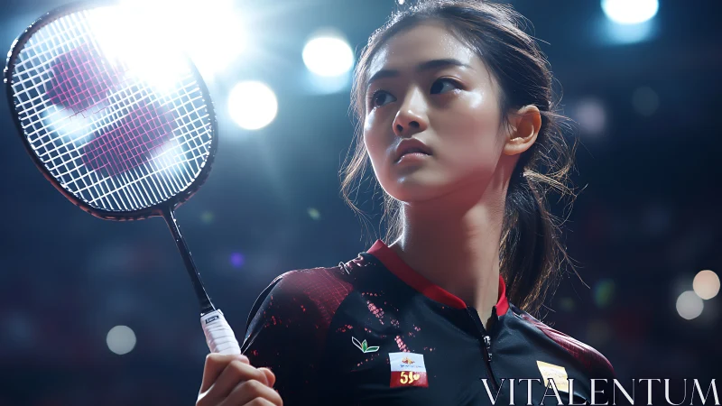 Focused badminton athlete stands poised under arena lights