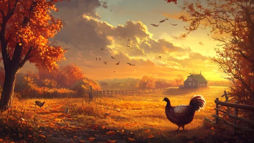 Autumn Farm Sunset with Rooster and Barn.