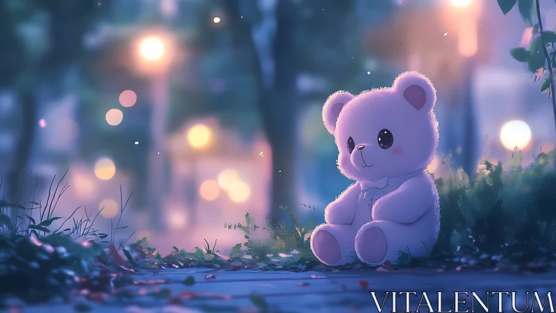 Soft twilight teddy waits patiently under glowing streetlights
