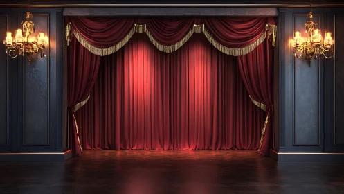 Red velvet stage curtain is framed by chandeliers and panels