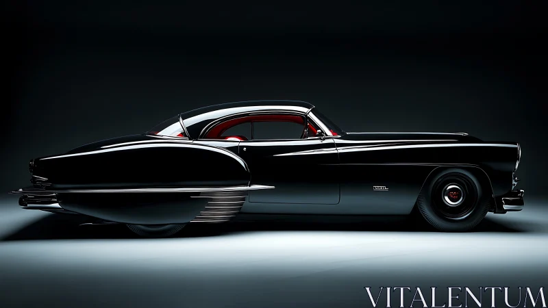 Sleek retro black coupe glows softly in a moody studio