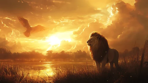 Sunlit lion and soaring bird over molten savanna lake.