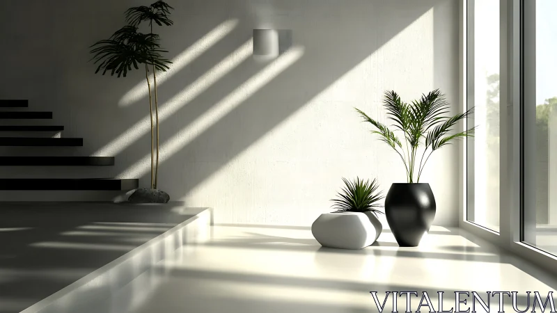 Minimalist interior renders sharp light across sculpted planters
