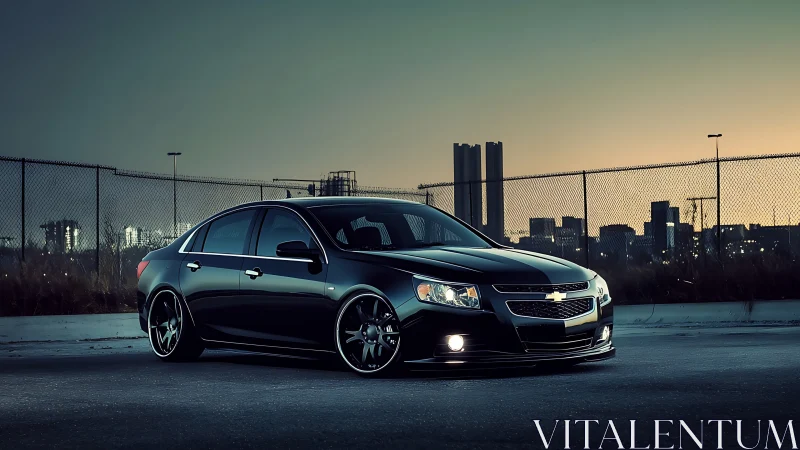 Low-slung black sedan under teal dusk city skyline.