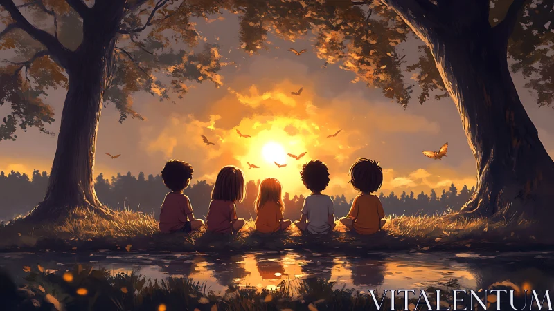 Five Children Silhouetted Under Ancient Trees at Golden Sunset.