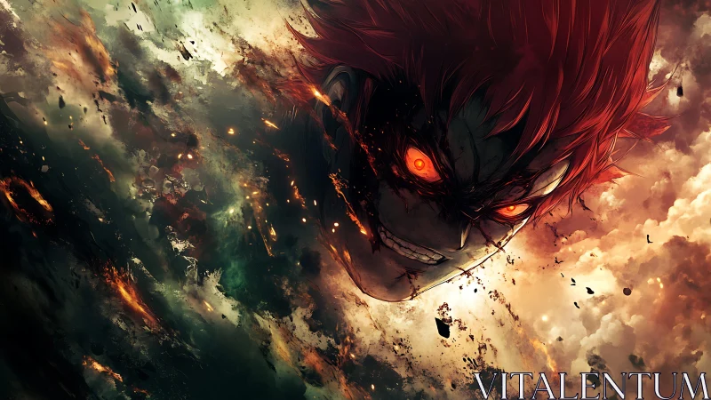 Demonic anime face erupts from fiery storm clouds.