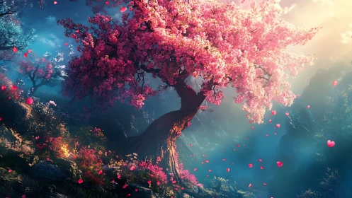 Blossom-twisted love tree scattering hearts into dawn air.