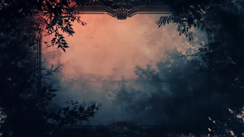 Moody forest frame with dark leaves and glowing sky.