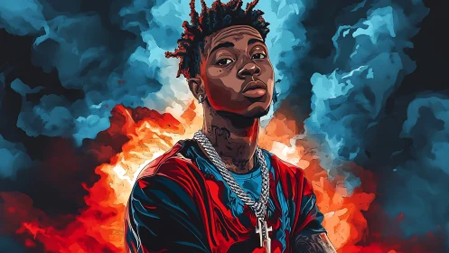 Bold young artist stands confident in glowing smoke and color