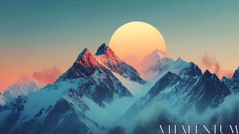 Golden sun gently crowns dreamy snow covered mountains