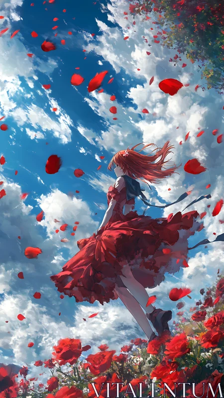 Red haired girl in poppy field gazes into a windswept sky