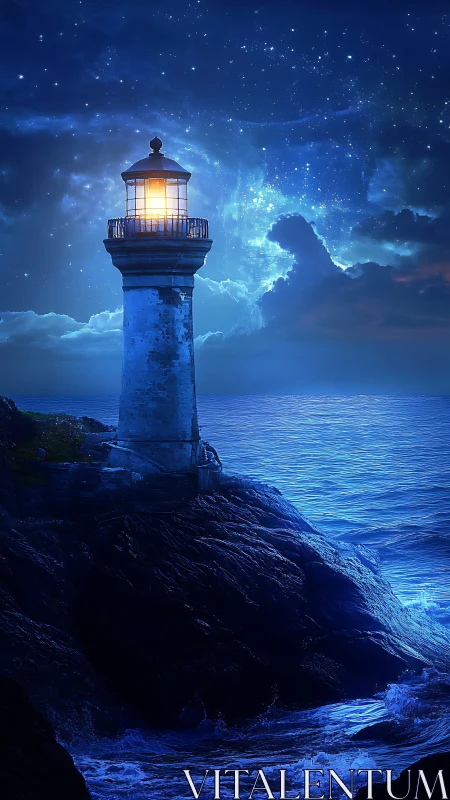 Digital nocturne lighthouse under star-rich celestial sky.