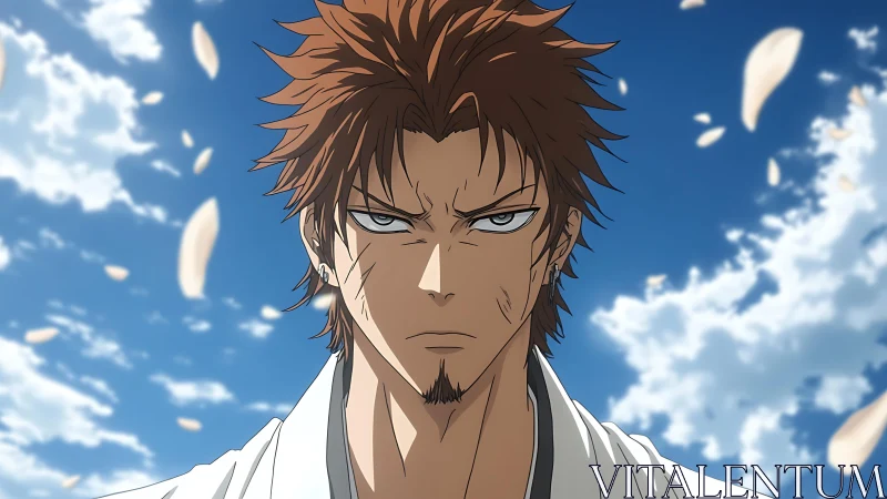 Determined anime warrior stands beneath drifting sky petals