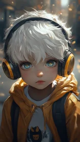 Silver haired child in yellow hoodie with urban headphones.