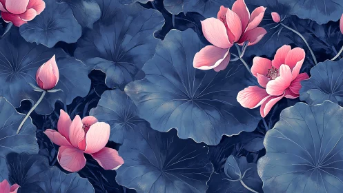 Pink Lotus Blooms in Deep Blue Waters.