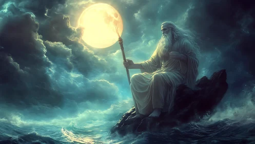 Moon-wielding sea sage cradles the tides in stormlit calm