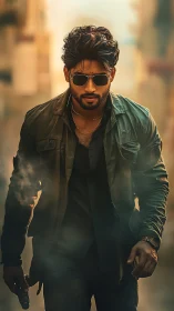 Intense action hero strides through smoky urban alleyway.