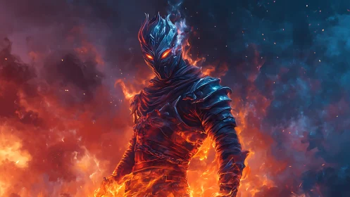 Armored fire elemental warrior in blue and orange flames.