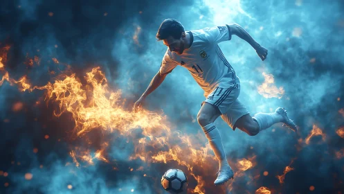 Soccer forward drives flaming ball through blue smoke haze.