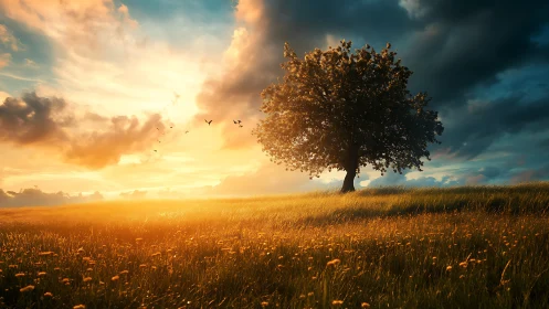 Solitary oak crowns golden meadow under storm-lit sunset.