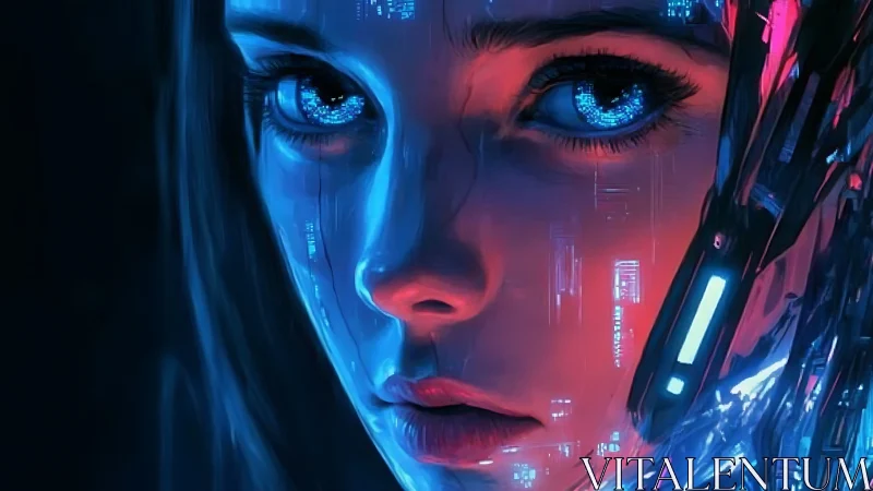 Cybernetic portrait with neon blue gaze and circuit textures.