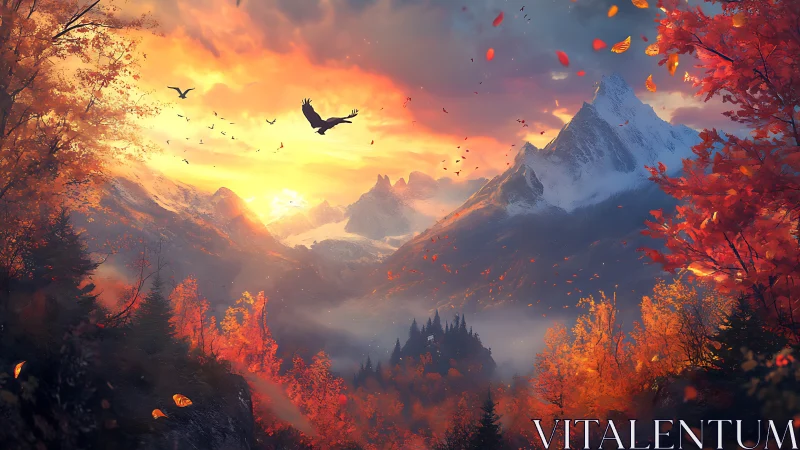 Mountain sunrise illuminates autumn valley and distant castle