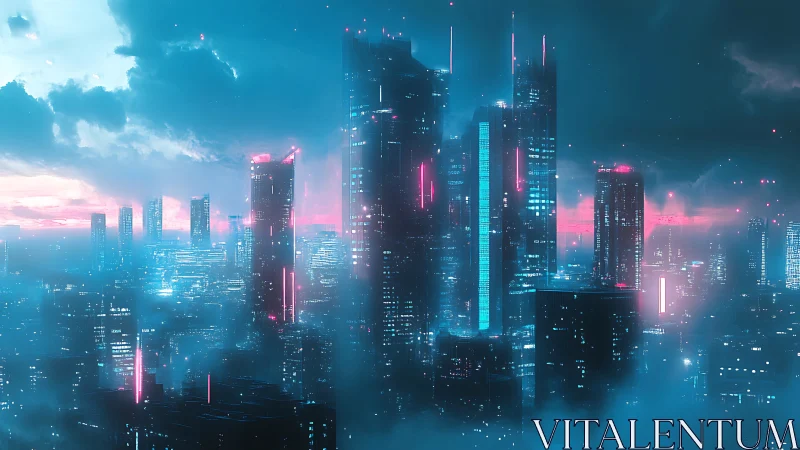 Neon-lit cyberpunk megacity skyline rendered in volumetric dusk fog