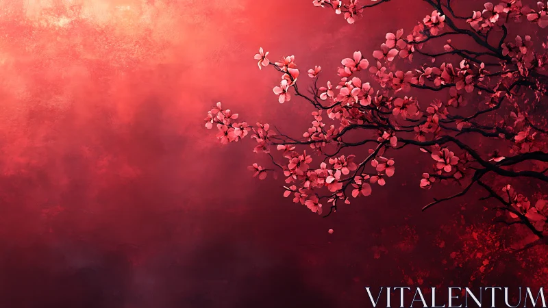 Red flowering tree branch on abstract textured background.
