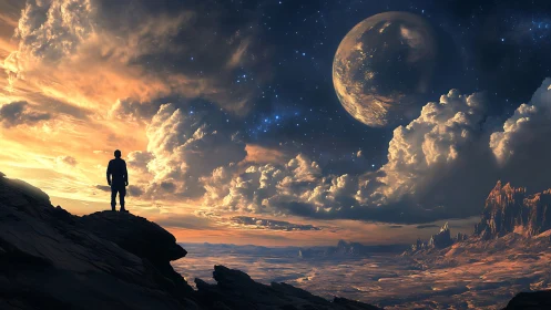 Silhouetted explorer surveys alien desert under massive ringed planet