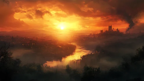 Sunlit river valley and distant fortified city skyline.