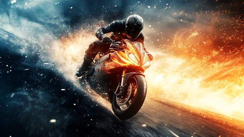Motorcyclist on sport bike amid fire and smoke effects.