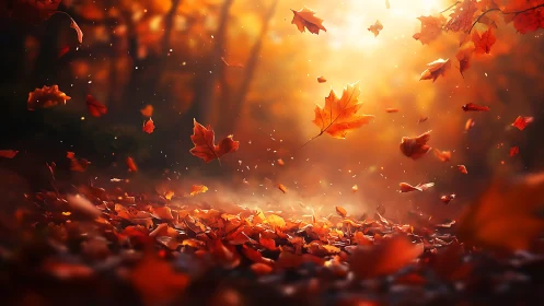Golden autumn leaves dancing in a warm forest glow.