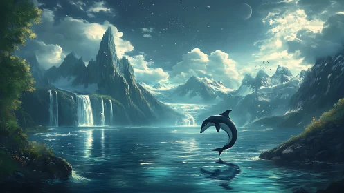Dolphin leaps in front of towering waterfalls and icy peaks