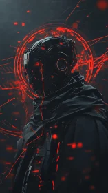 Cybernetic figure in dark cloak with red interface halo.