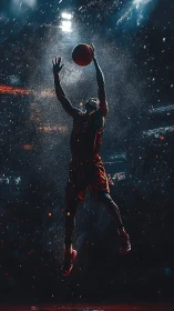 Backlit basketball dunk in atmospheric arena with particle-laden haze